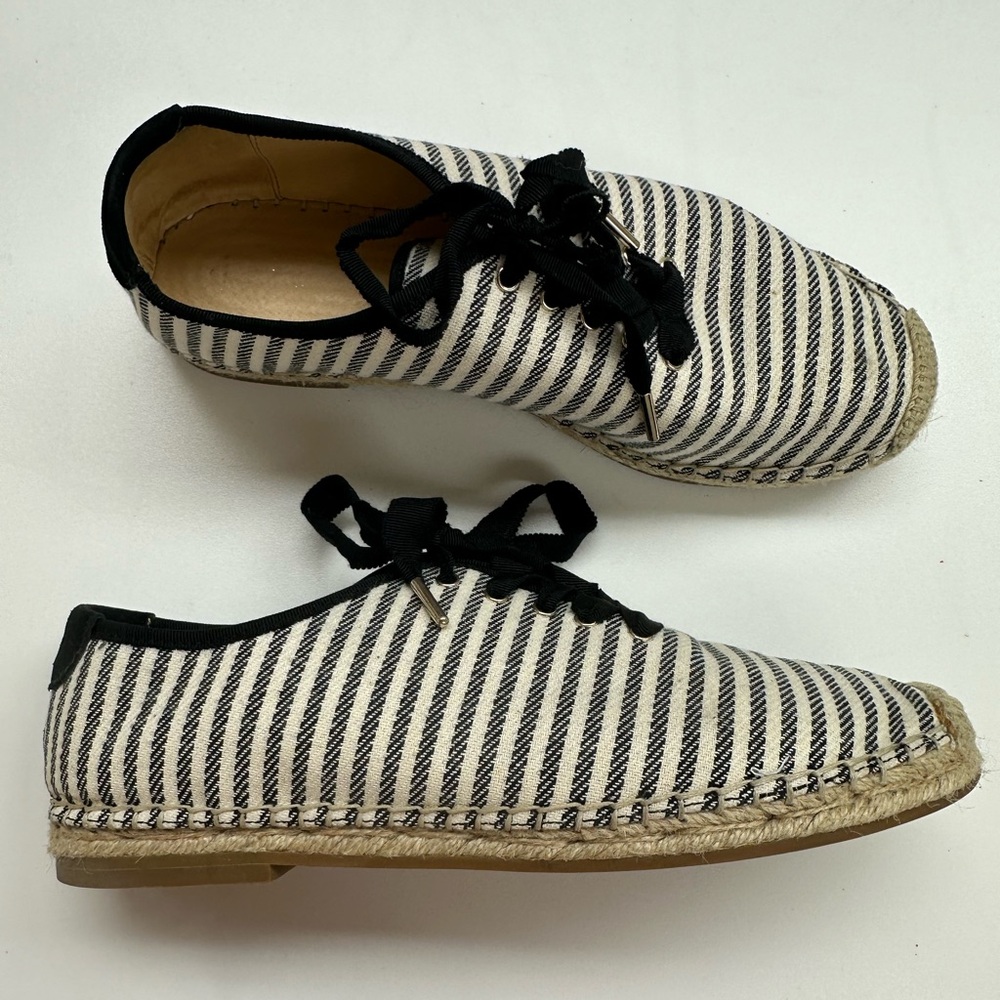 Flat lace up espadrille, canvas striped black & cream. Worn once. Size 38.